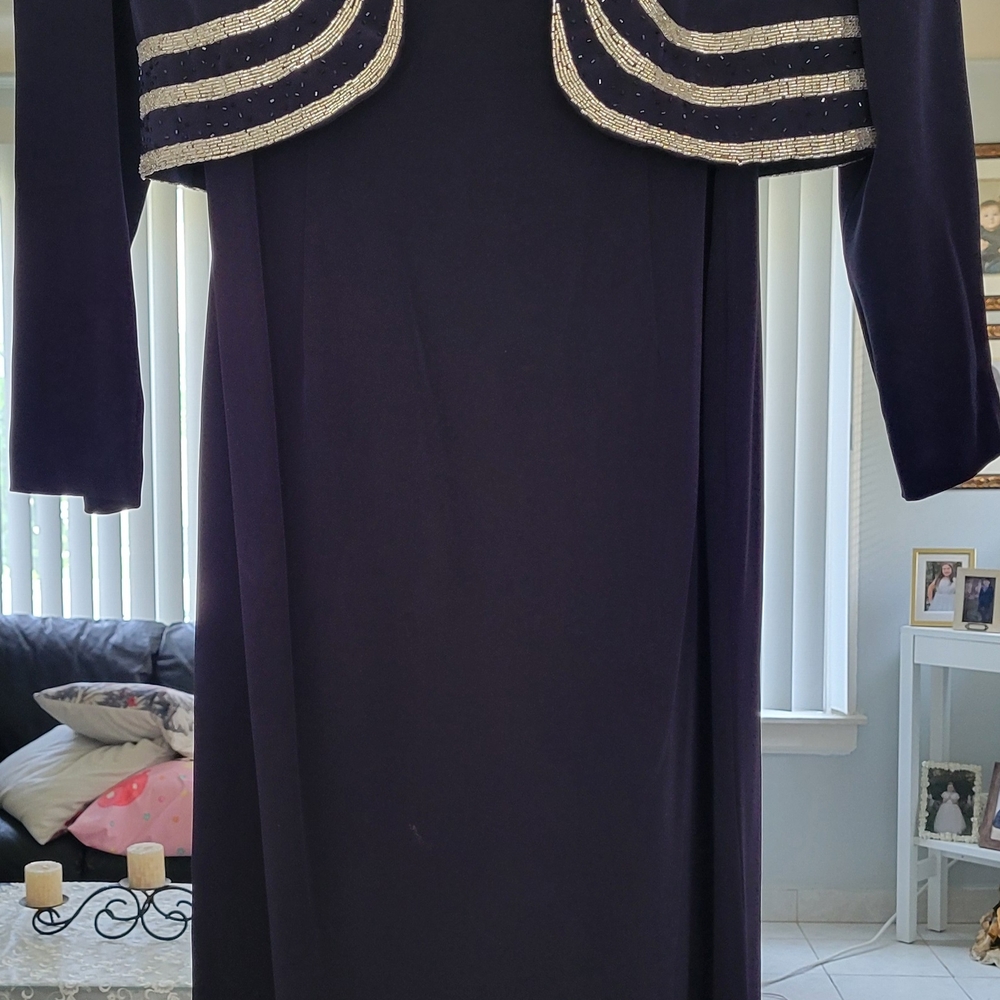 Elegant Long Sleeve Purple Dress with Embellished Jacket